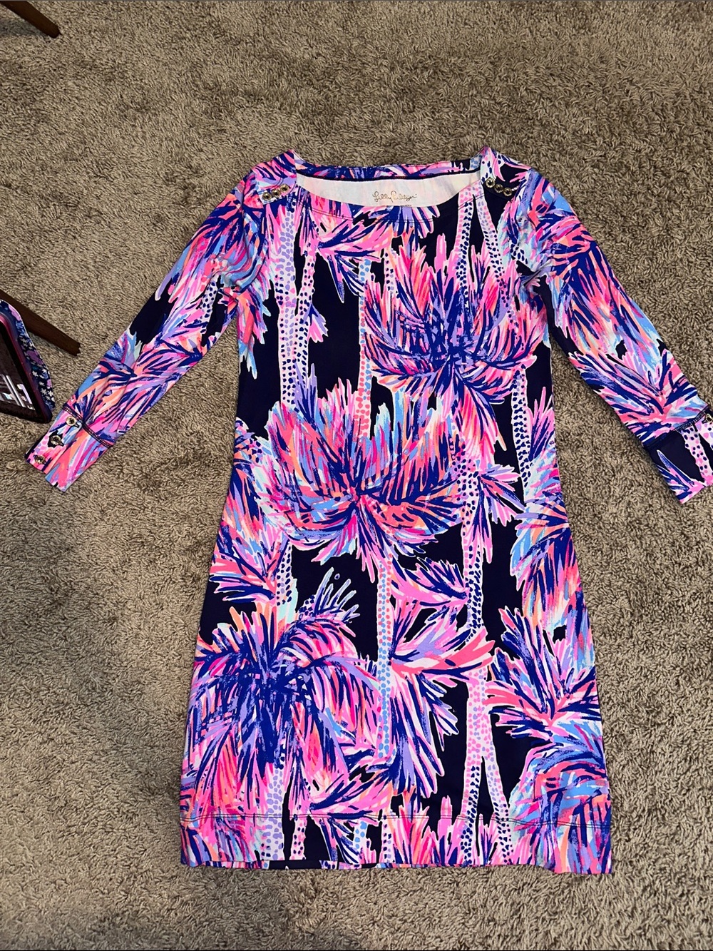 Lilly Pulitzer Navy Multi Palm-Print Long Sleeve Shift Dress